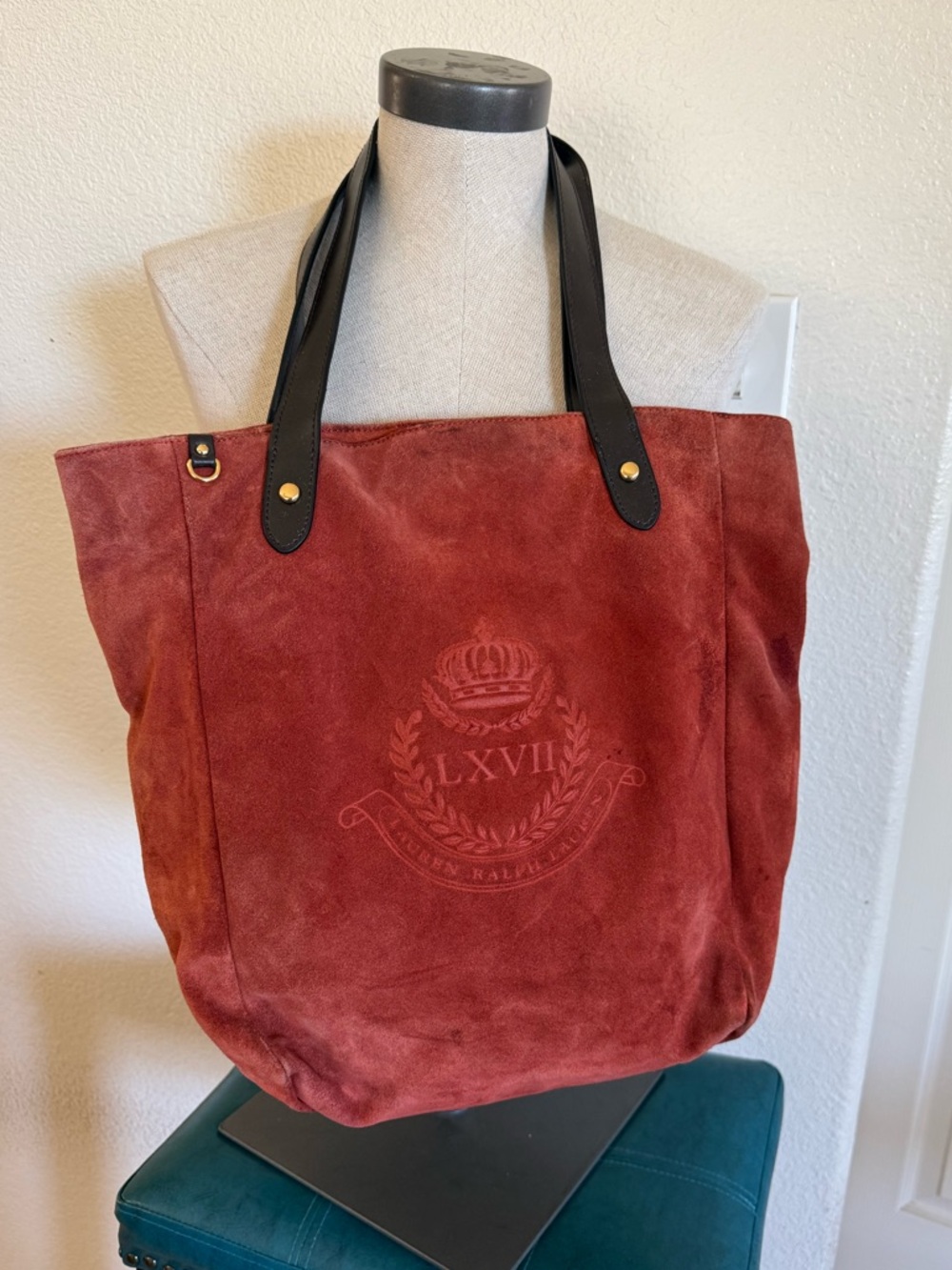 Ralph Lauren Red Suede Tote with Black Leather Handles